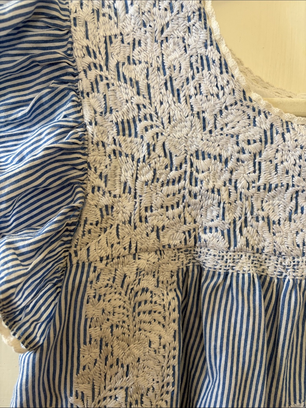 Blue & White Striped Crochet Yoke Flutter Sleeve Blouse - Picture 5 of 5